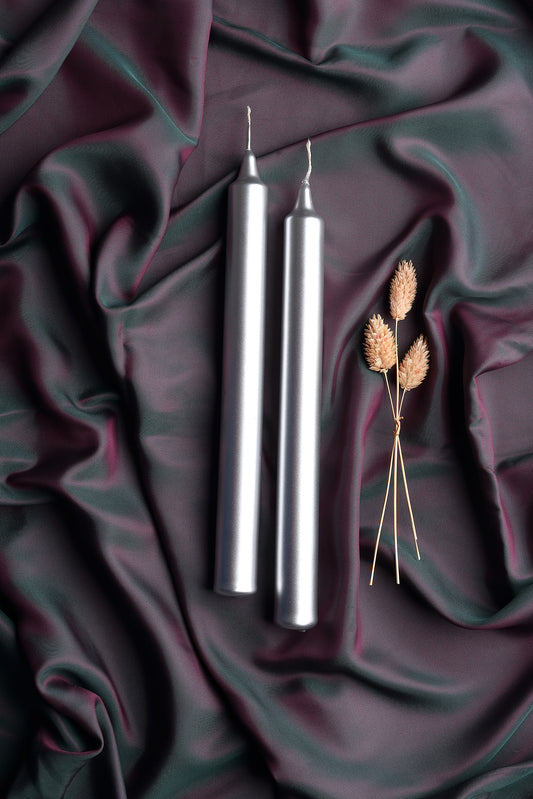 Metalik Parlak Gövde 1. Kalite 2'li Paket Uzun Çubuk Konik Gümüş Şamdan Mumu