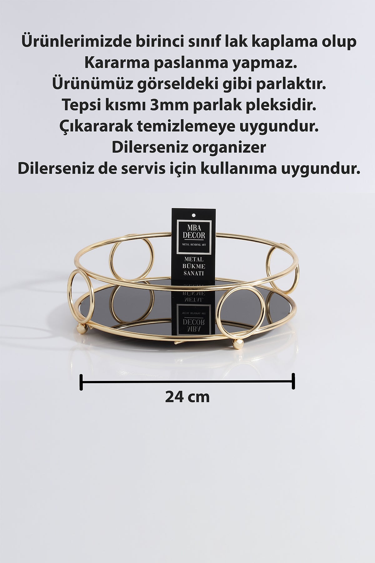Yuvarlak Gold Servis Sunum Tepsisi İkramlık Hediyelik Dekorasyon Organizer 24cm ALYANS Sofra Mutfak