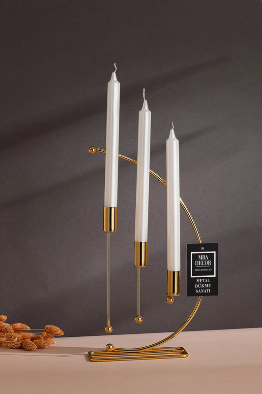 Nota Model Metal 3 lü Şamdan Üçlü Mumluk 25cm Paslanmaz Gold Kaplama Ev Dekorasyon