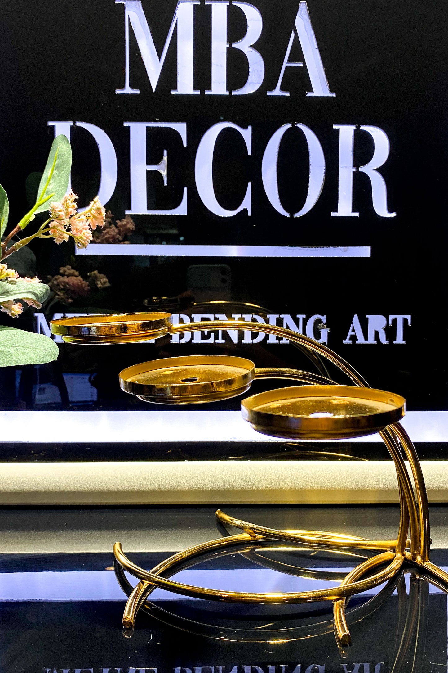 Mba Dekor Orkide Model Gold Üçlü Şamdan-Mumluk Seti 20 cm